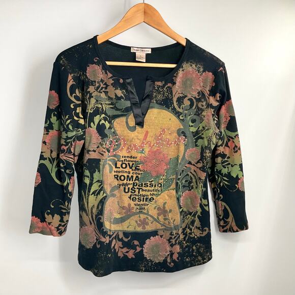 SUSAN LAWRENCE Vintage 90s Y2K Grunge Goth Witchy 3/4 Sleeve Top XL Black - Picture 11 of 11